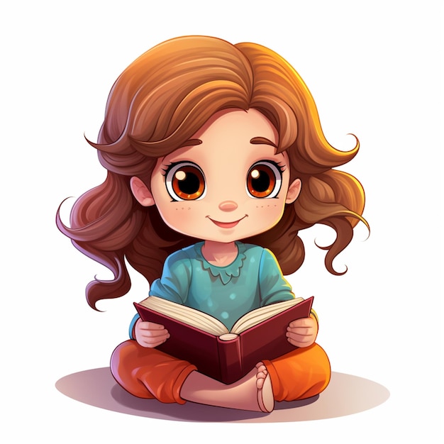 menina de desenho animado lendo um livro sentada no chão