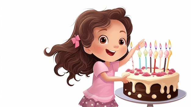 Menina de desenho animado segurando um bolo de aniversário com fundo branco