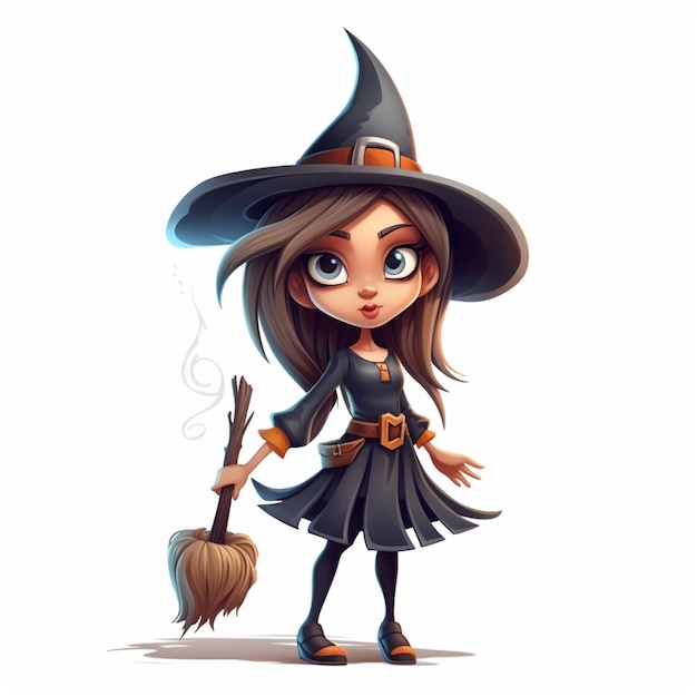 Menina de desenho animado vestida com um traje de bruxa segurando uma vassoura