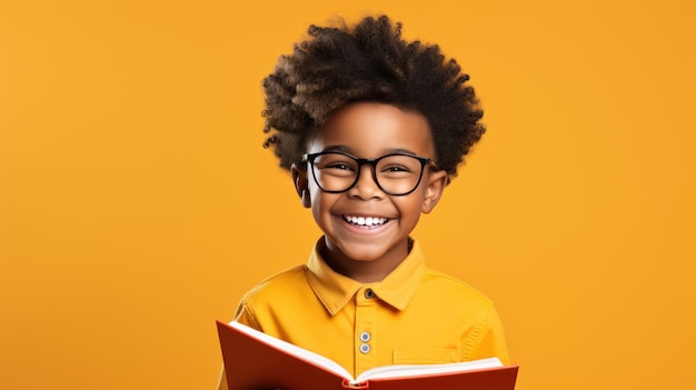 menina de escola de criança negra sorridente com óculos segurando livros em sua cabeça amarelo