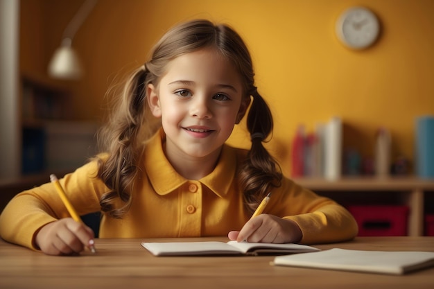 menina de escola engraçada em fundo amarelo