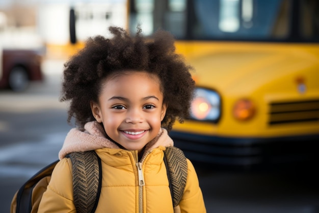 Foto menina de escola primária ansiosa com um sorriso radiante pronta para pular no ônibus escolar