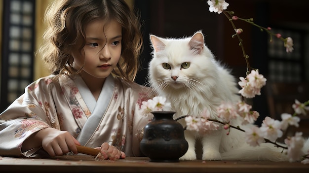 Menina de Kimono com Gato Branco