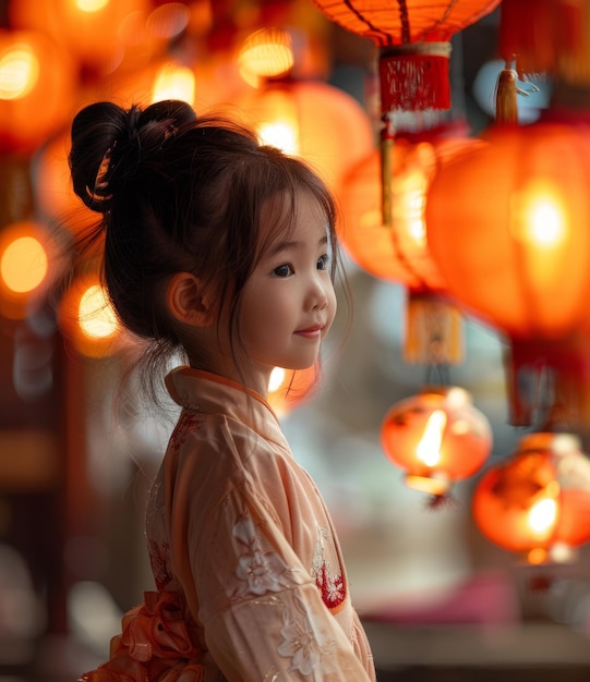 Menina de kimono de pé em frente a lanternas de papel vermelho