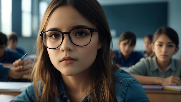 Foto menina de óculos atendendo o professor na aula closeup