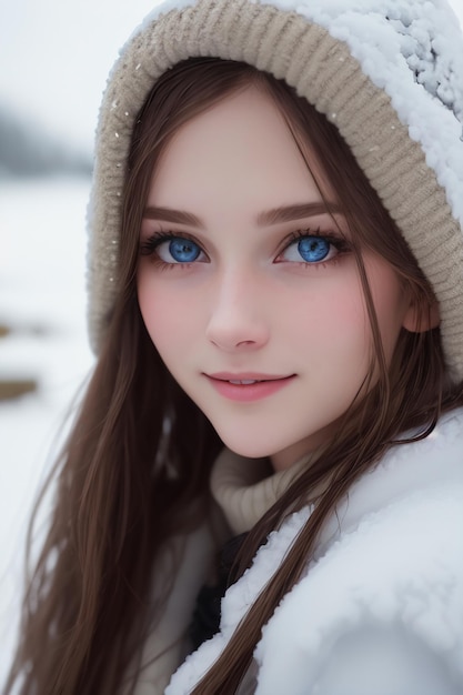 Menina de olhos azuis na neve