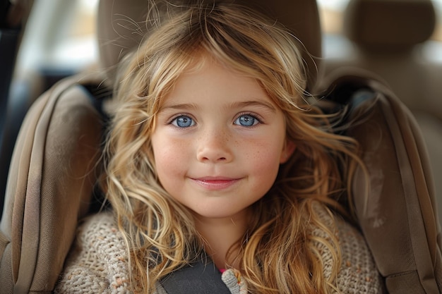 Menina de olhos azuis no assento do carro