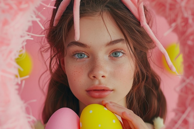 Menina de olhos azuis segurando ovo rosa e amarelo
