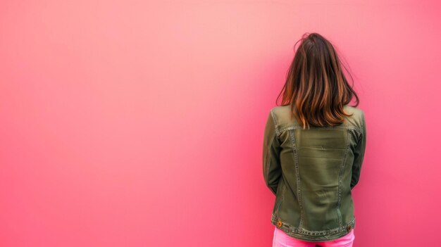 Menina de pé contra a parede rosa