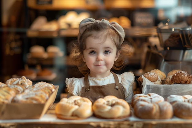 Menina de pé em frente a donuts