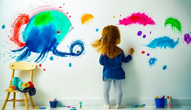Menina de pé em frente à parede com pintura sobre ela AI gerativa