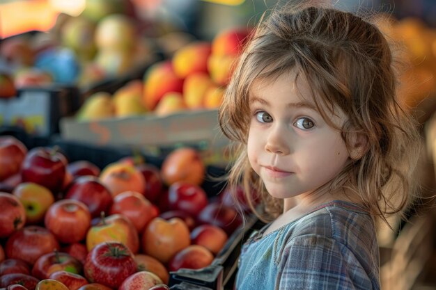 Menina de pé em frente a uma pilha de maçãs