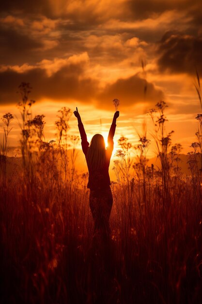 Menina de pé em um campo de trigo com os braços no ar enquanto o sol se põe