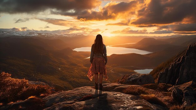 Menina de pé no topo de um penhasco ao pôr-do-sol Inteligência Artificial Generativa