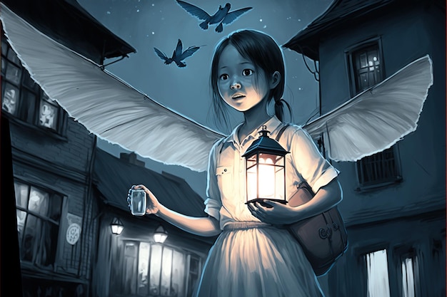 Menina de pé perto do fantasma em uma caverna mal-humorada Menina segura uma lanterna redonda e olhando para a pintura de ilustração de estilo de arte digital fantasma voador