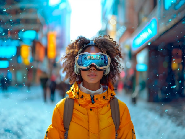 Menina de pele escura usando óculos de realidade virtual em uma rua de inverno na cidade