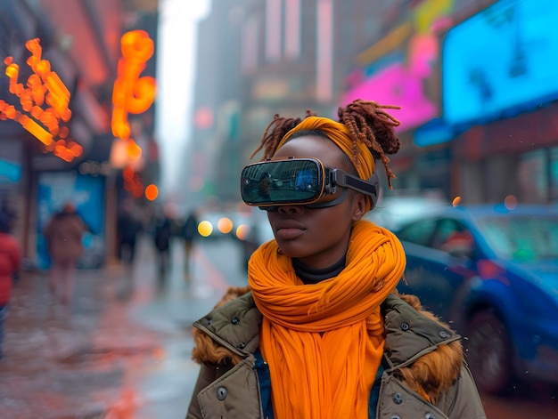 Menina de pele escura usando óculos de realidade virtual em uma rua de inverno na cidade