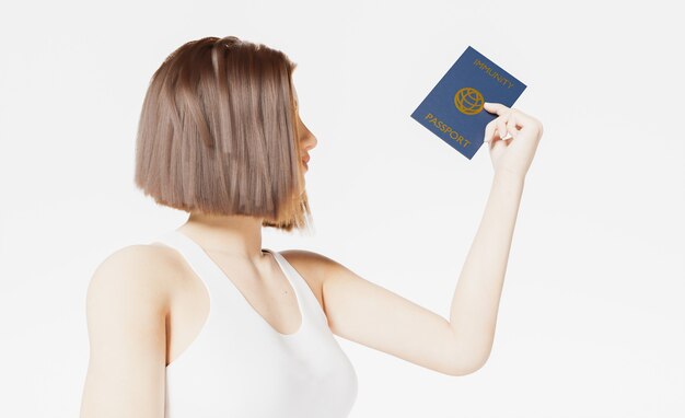 Foto menina de perfil segurando e olhando feliz para seu passaporte de imunidade a coronavírus