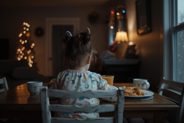 Menina de pijama de unicórnio a tomar o pequeno-almoço na mesa de jantar