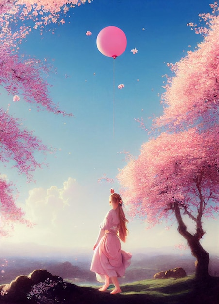 Menina de rosa segurando um balão com flores de cerejeira rosa