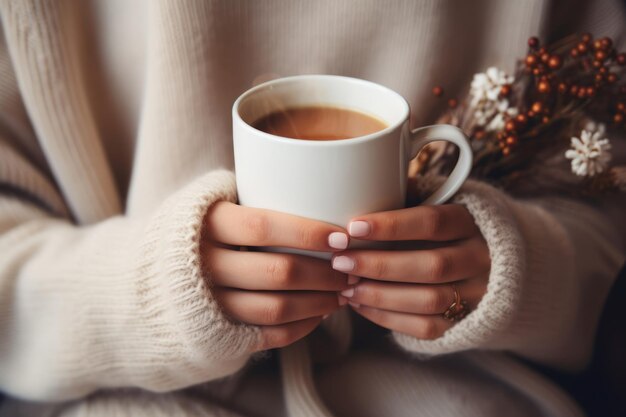 Menina de suéter segura uma xícara de chá ou café na luz do sol da manhã Mãos femininas seguram uma caneca com uma bebida quente Ilustração de IA generativa