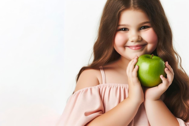 menina de tamanho maior segurando maçã verde sorrindo em um fundo branco