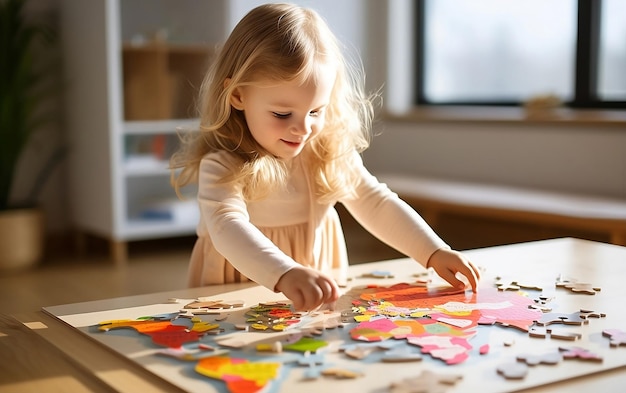 Foto menina de três anos fazendo américa do norte mapa de quebra-cabeça de madeira na mesa