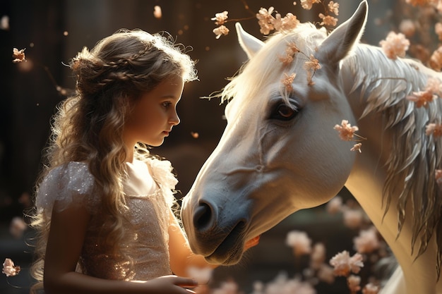 menina de vestido branco com um cavalo branco