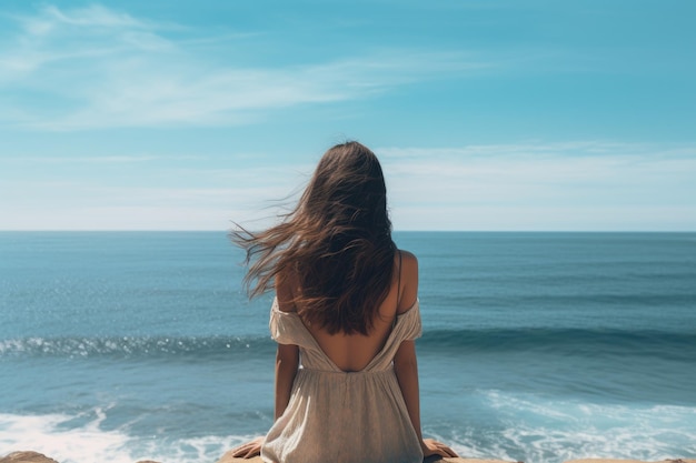 Menina de vestido branco senta-se na borda do penhasco e olha para o mar vista traseira de uma mulher desfrutando da vista na praia ou oceano AI gerado