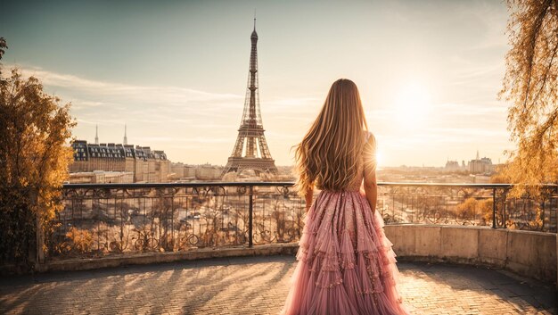 Menina de vestido com cabelos bonitos contra o fundo da Torre Eiffel