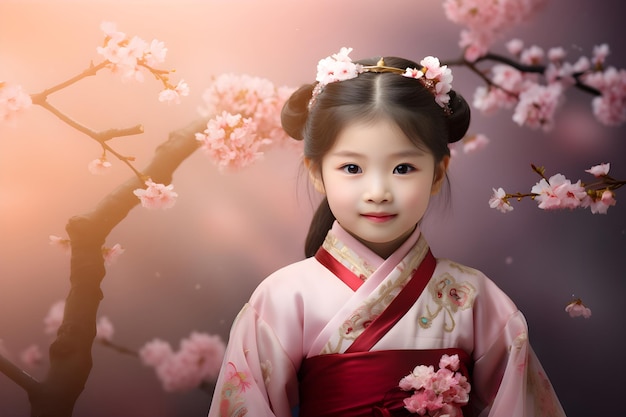 Menina de vestido de kimono olhando para uma flor de sakura ou cereja florescendo no jardim