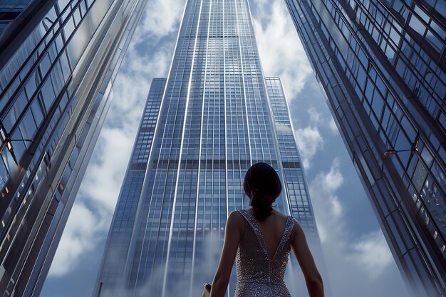 Foto menina de vestido de noite prateado e preto está em frente a um arranha-céu