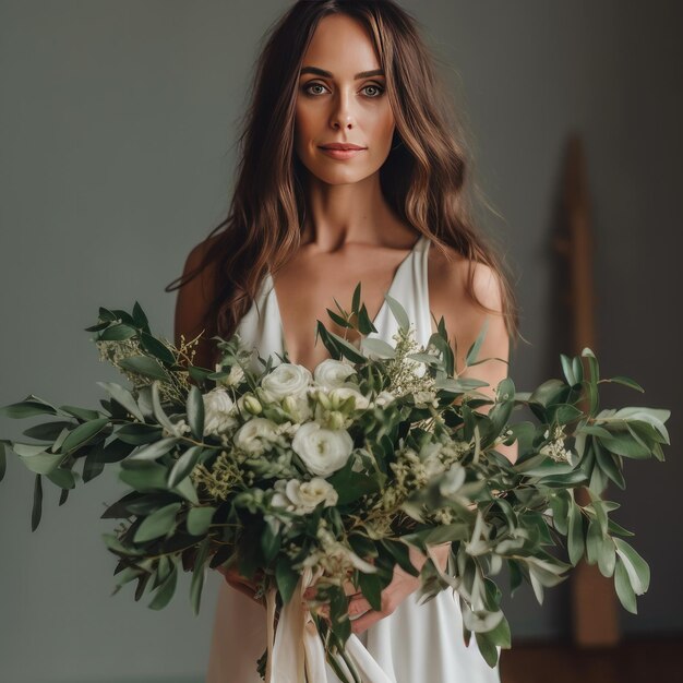 menina de vestido de noiva branco segura em suas mãos um buquê de flores