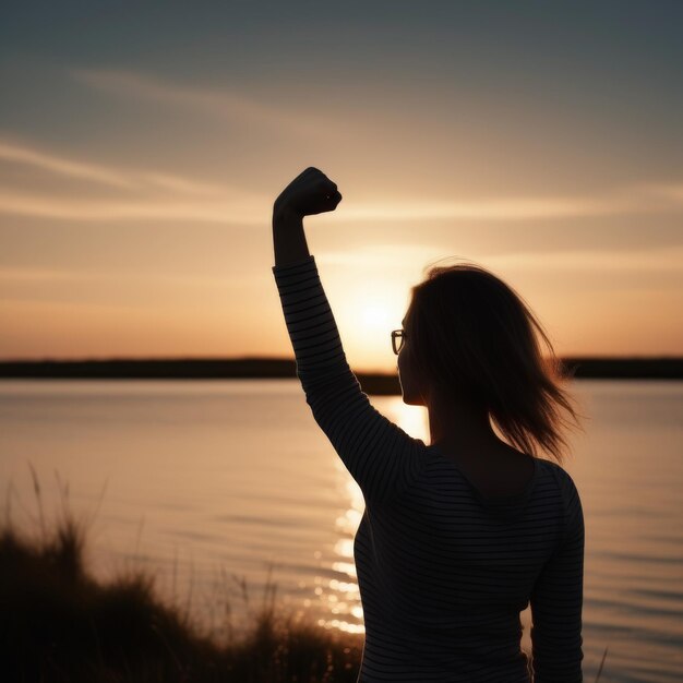 Foto menina de vestido preto com uma mochila no mar ao pôr do sol menina de vestir preto w