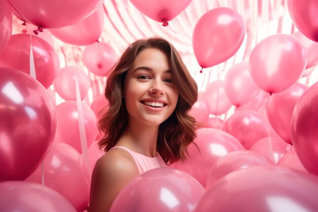 Menina de vestido rosa com balões rosa