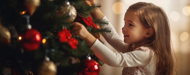 Foto menina decora a árvore de natal com ornamentos na casa dentro de casa