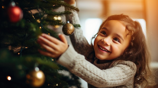 Menina decorando a árvore de Natal em casa nas férias de inverno