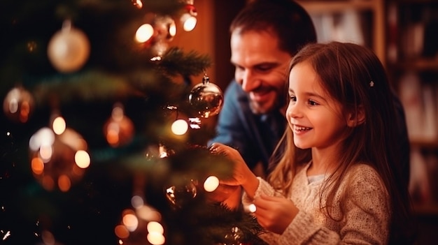 menina decorando árvore de Natal