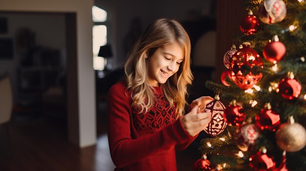 Menina decorando sua árvore de Natal gerada por IA
