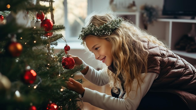 Menina decorando sua árvore de Natal gerada por IA