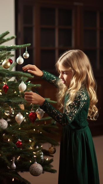 Menina decorando sua árvore de Natal gerada por IA