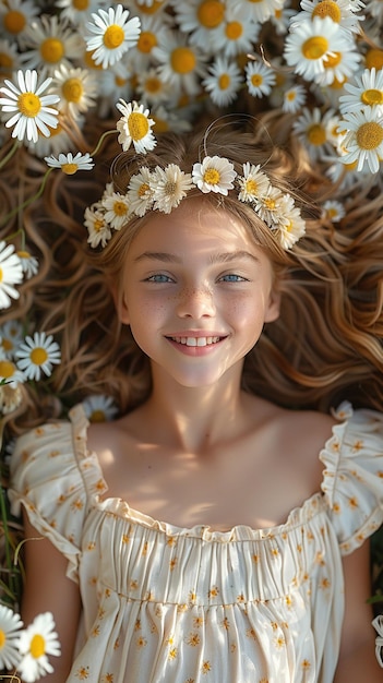 Menina deitada em margaridas com uma coroa floral alegre livros infantis moda de primavera acampamento de beleza natural