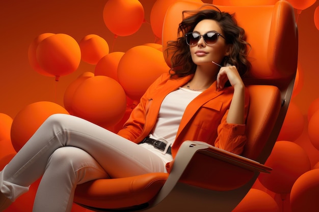 menina deitada em uma cadeira com um telefone grande em fundo gradiente laranja