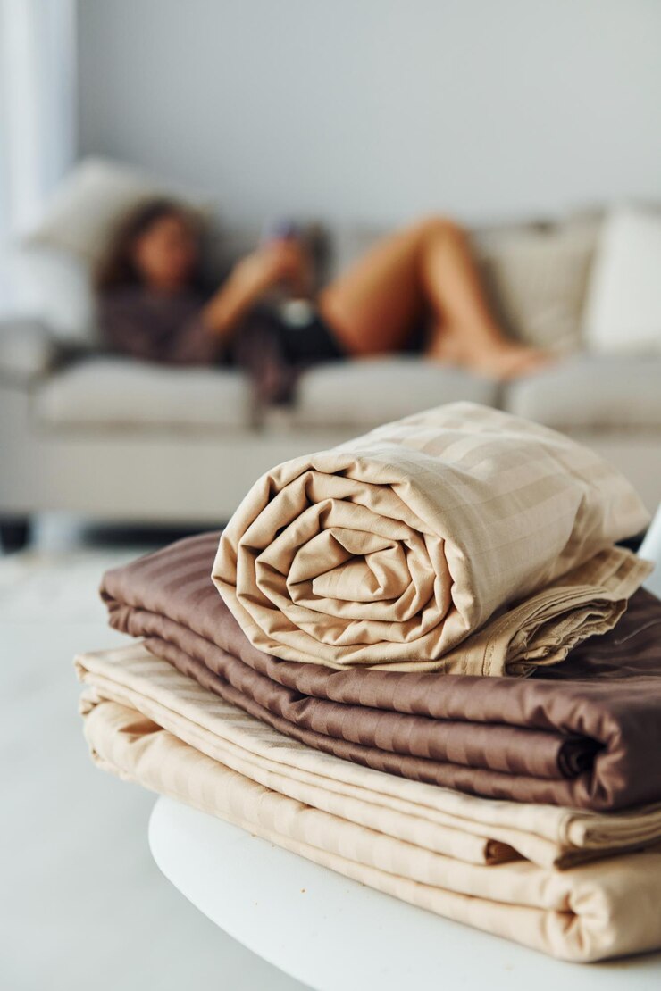 Foto menina deitada na cama com smartphone interior e design de belo quarto moderno durante o dia