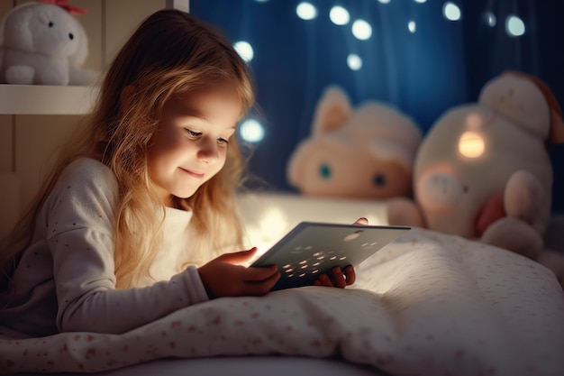 Menina deitada na cama e assistindo desenhos animados no tablet