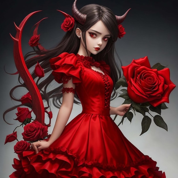 Menina demônio vestindo um vestido de rosa vermelha
