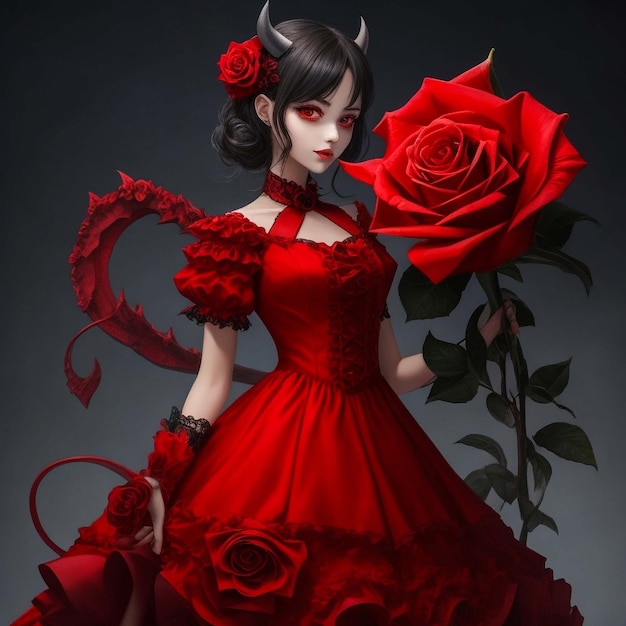 Menina demônio vestindo um vestido de rosa vermelha