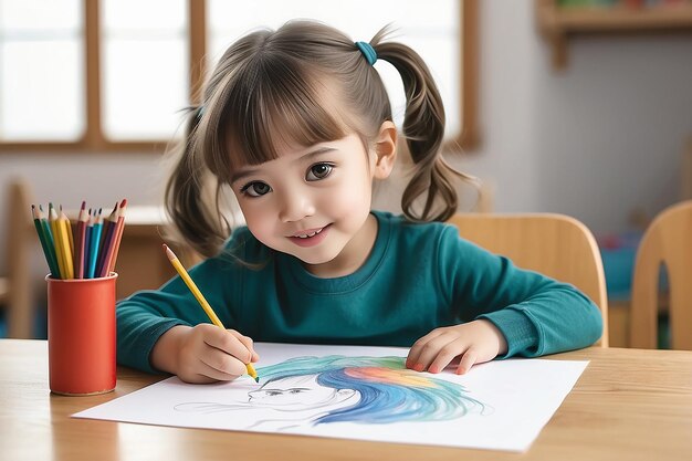 Foto menina desenhando com lápis e aquarela sentada à mesa desenhando atividade infantil na aula de arte