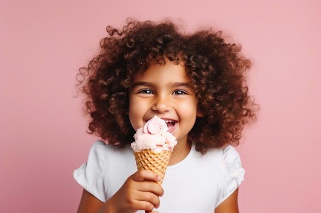 Menina desfrutando de sorvete em fundo rosa