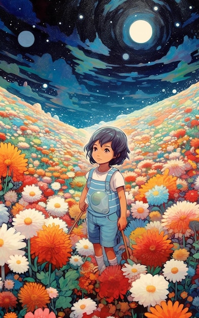 Menina do anime que está em um campo de flores com uma lua cheia no fundo generative ai